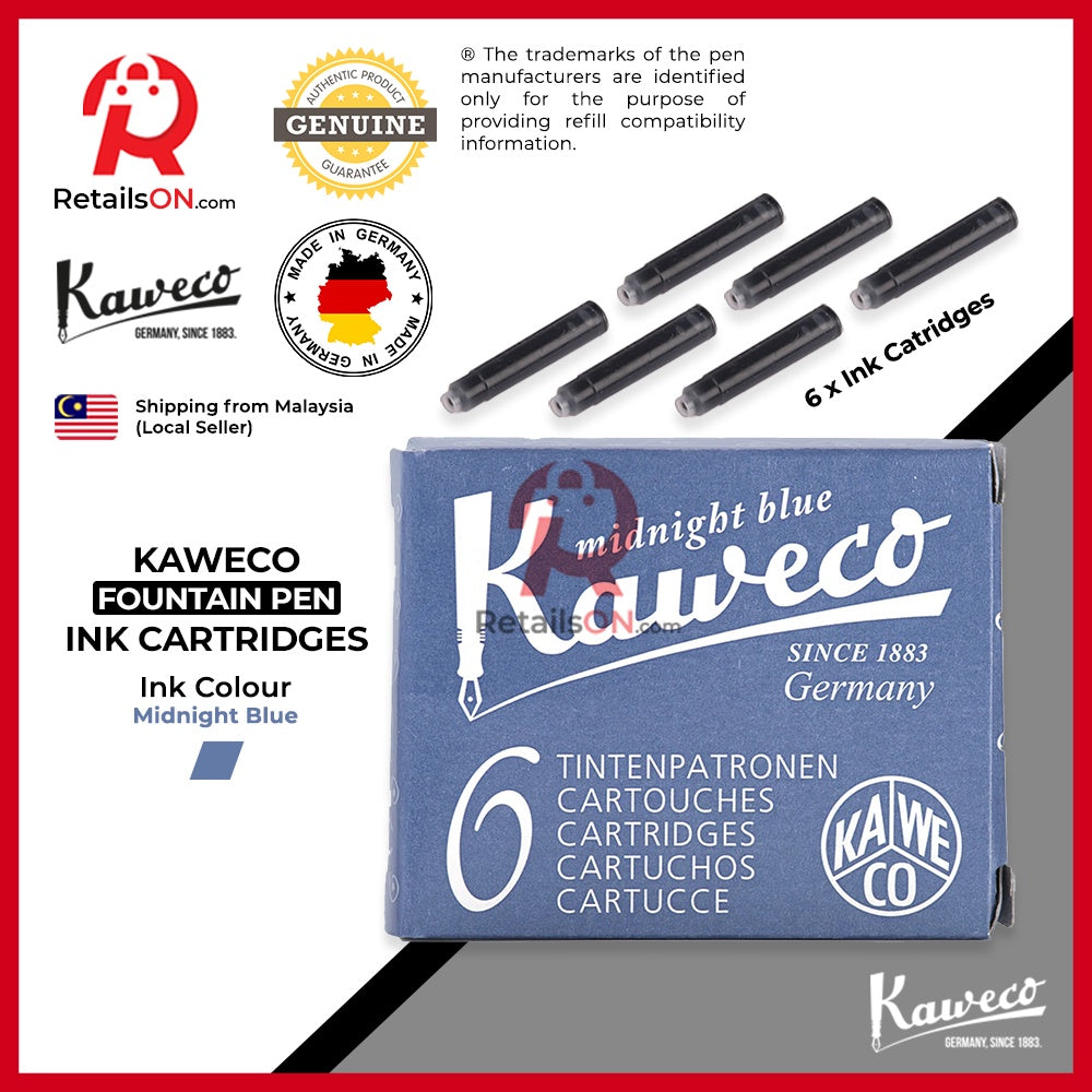 Kaweco Ink Cartridge (6 per pack) - Midnight Blue / Standard Fountain Pen Ink Cartridge (ORIGINAL) - RetailsON.com (Premium Retail Collections)