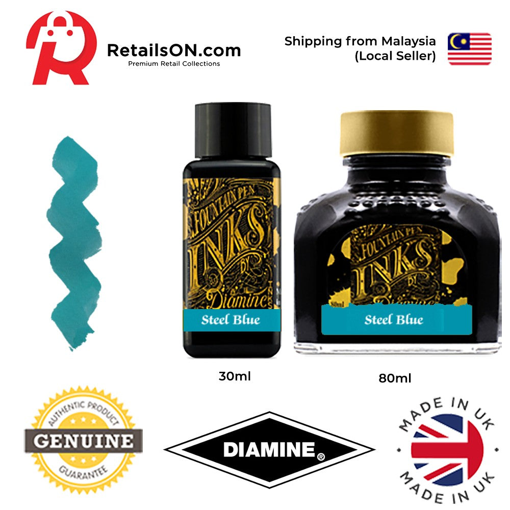 Diamine Ink Bottle (30ml / 80ml) - Steel Blue / Fountain Pen Ink Bottle 1pc (ORIGINAL) / [RetailsON] - RetailsON.com (Premium Retail Collections)