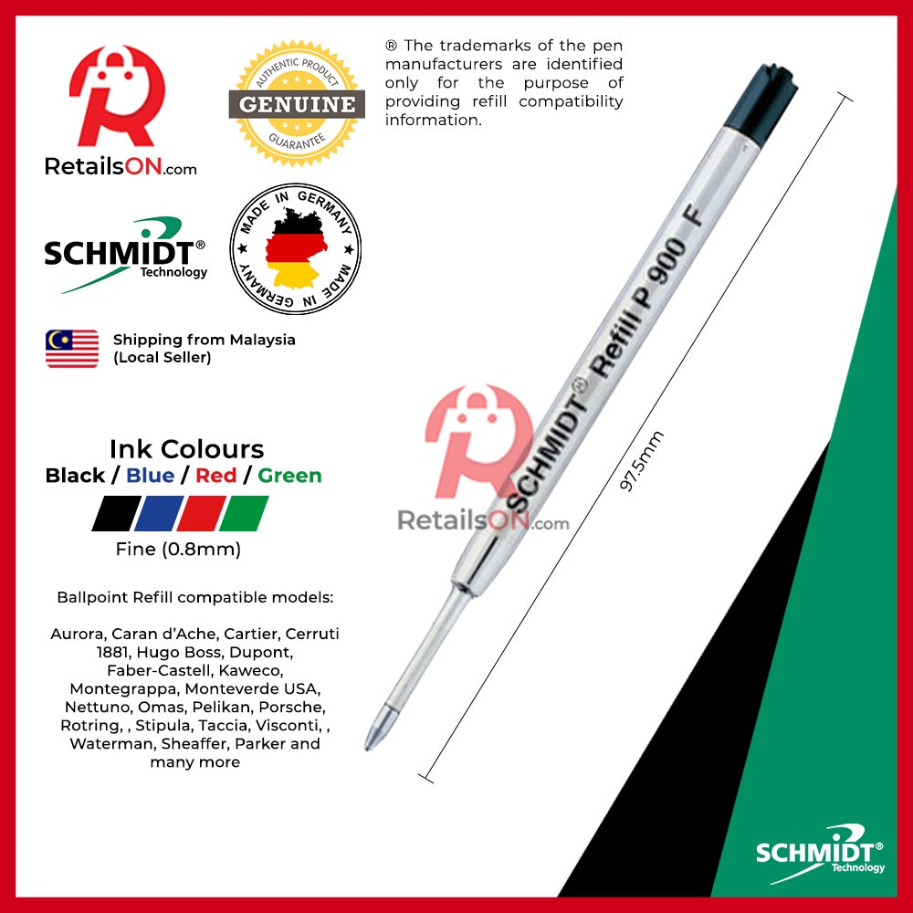 Schmidt Refill P900F for Ballpoint Pens - Fine (F) | Standard Parker Style G2 Ballpoint Refill [1pc] - RetailsON.com (Premium Retail Collections)