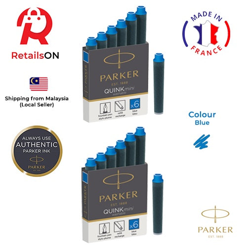 Parker Quink MINI Fountain Pen Ink Cartridges - Blue / Mini Fountain Pen Ink Refill [1 Pack of 12] - Blue (ORIGINAL) - RetailsON.com (Premium Retail Collections)