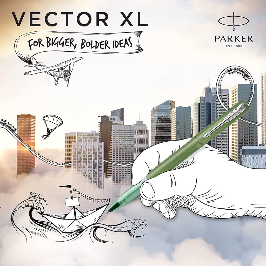 Parker Vector XL Rollerball Pen - Savannah Green Chrome Trim (with Black - Medium (M) Refill) / {ORIGINAL} / [RetailsON] - RetailsON.com (Premium Retail Collections)