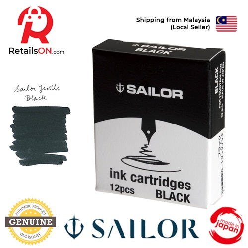Sailor Jentle - Black - Fountain Pen Ink Cartridges - 1 pack of 12 (ORIGINAL) | [RetailsON] - RetailsON.com (Premium Retail Collections)
