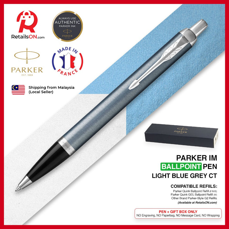 Parker IM Ballpoint Pen - Light Blue Grey Chrome Trim (with Black - Medium (M) Refill) / {ORIGINAL} / [RetailsON] - RetailsON.com (Premium Retail Collections)