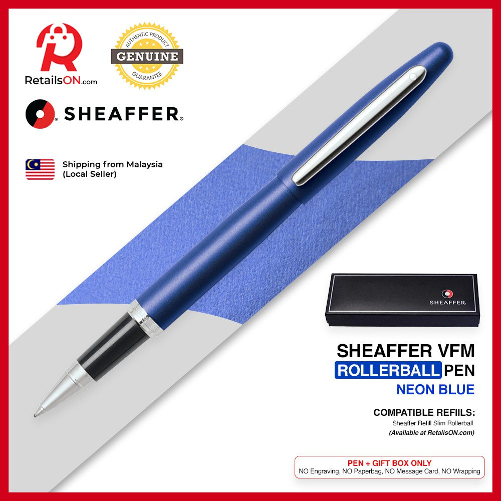 Sheaffer VFM Rollerball Pen - Neon Blue Chrome Trim (with Black - Medium (M) Refill) / {ORIGINAL} / [RetailsON] - RetailsON.com (Premium Retail Collections)