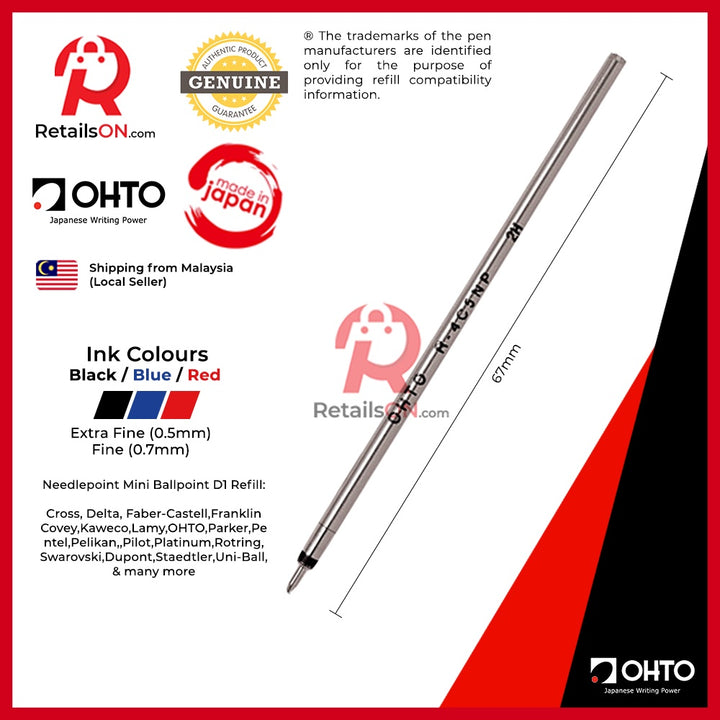 OHTO Refill D1 for Mini/MultiFunction Ballpoint Pens - EF/F | Standard D1 Mini Ballpoint Needlepoint Refill [1pc] - RetailsON.com (Premium Retail Collections)