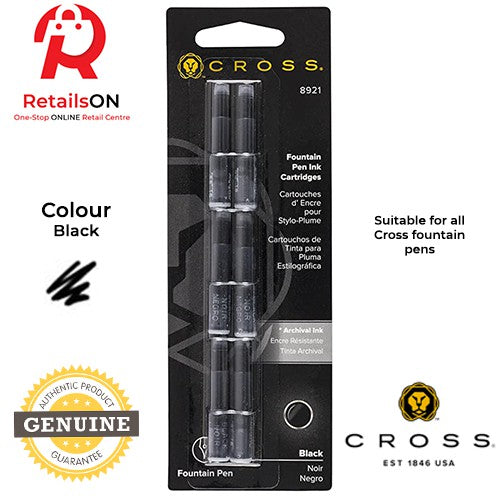 CROSS Refill Fountain Pen Ink Cartridge - Black / [1 Pack of 6] (ORIGINAL) - RetailsON.com (Premium Retail Collections)