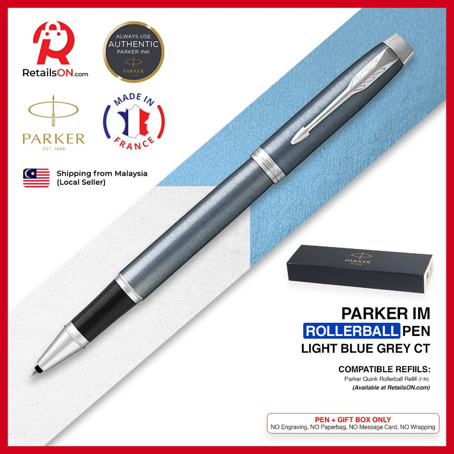 Parker IM Rollerball Pen - Light Blue Grey Chrome Trim (with Black - Medium (M) Refill) / {ORIGINAL} / [RetailsON] - RetailsON.com (Premium Retail Collections)