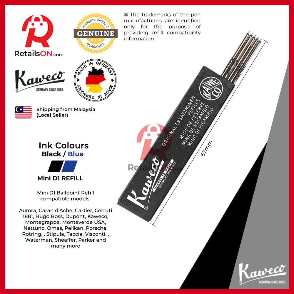 Kaweco Refill D1 for Mini Ballpoint Pens - Black/Blue | Standard D1 Mini Ballpoint Refill [1 Pack of 5] - RetailsON.com (Premium Retail Collections)
