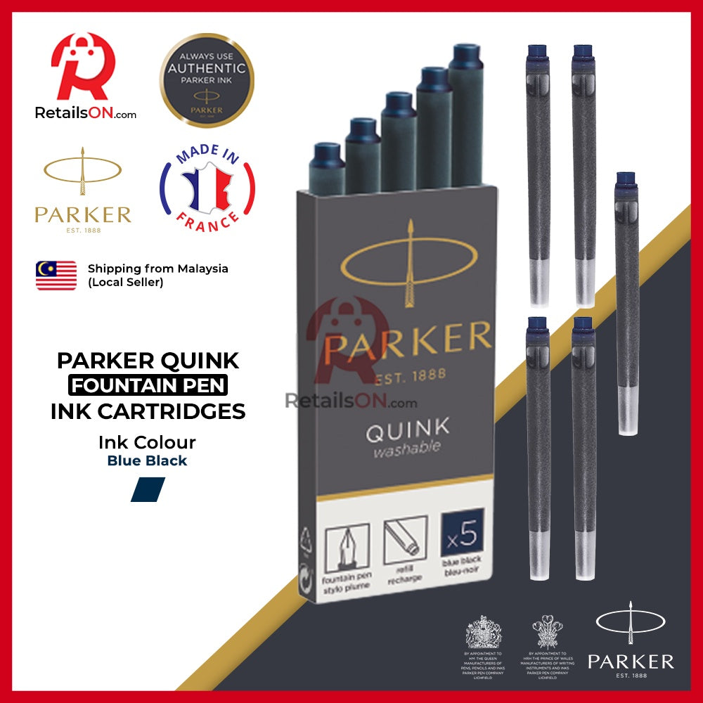 Parker Quink Fountain Pen Ink Cartridges - Blue Black / Fountain Pen Ink Refill [1 Pack of 5] - Blue Black (ORIGINAL) - RetailsON.com (Premium Retail Collections)