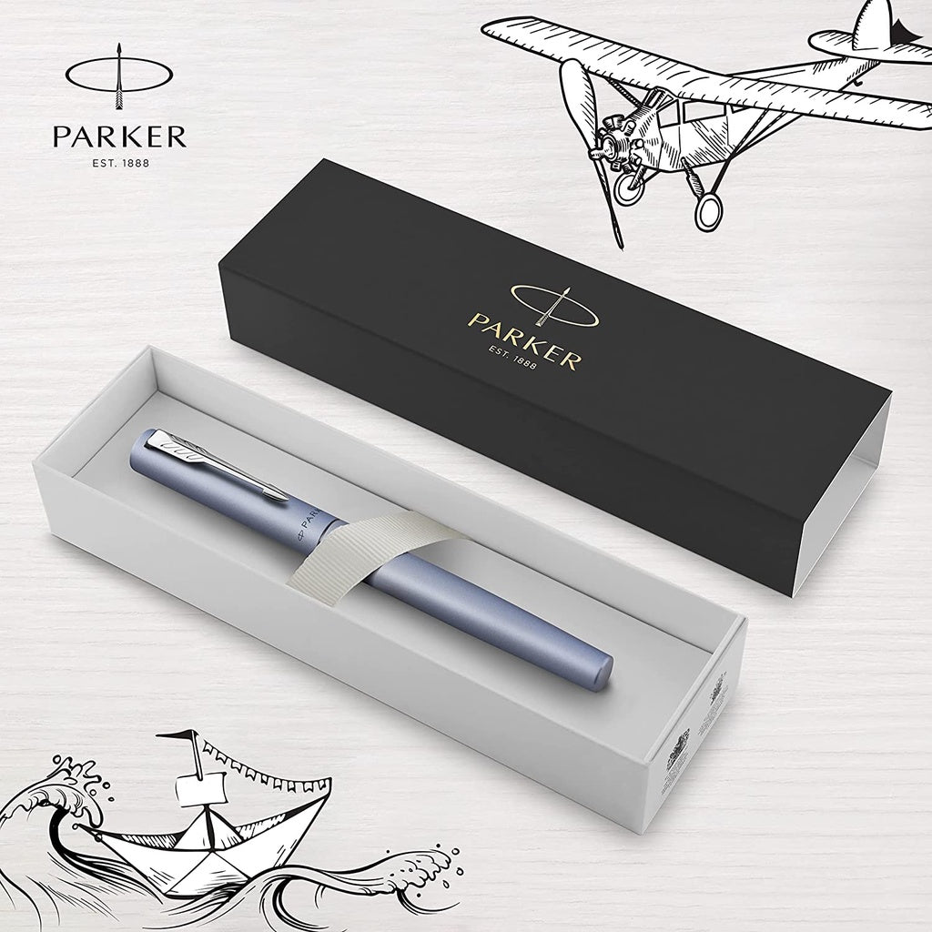 Parker Vector XL Rollerball Pen - Silver Blue Chrome Trim (with Black - Medium (M) Refill) / {ORIGINAL} / [RetailsON] - RetailsON.com (Premium Retail Collections)