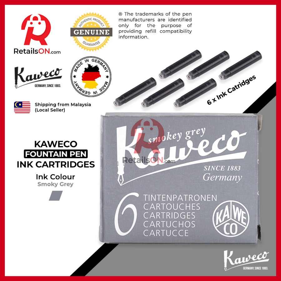 Kaweco Ink Cartridge (6 per pack) - Smokey Grey / Standard Fountain Pen Ink Cartridge (ORIGINAL) - RetailsON.com (Premium Retail Collections)