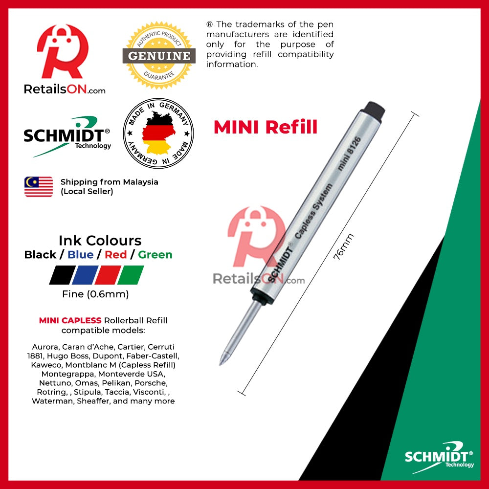 Schmidt Refill CAPLESS Rollerball MINI 8126 (MINI) - Fine (F) - Black/Blue | [1pc] | [RetailsON] - RetailsON.com (Premium Retail Collections)