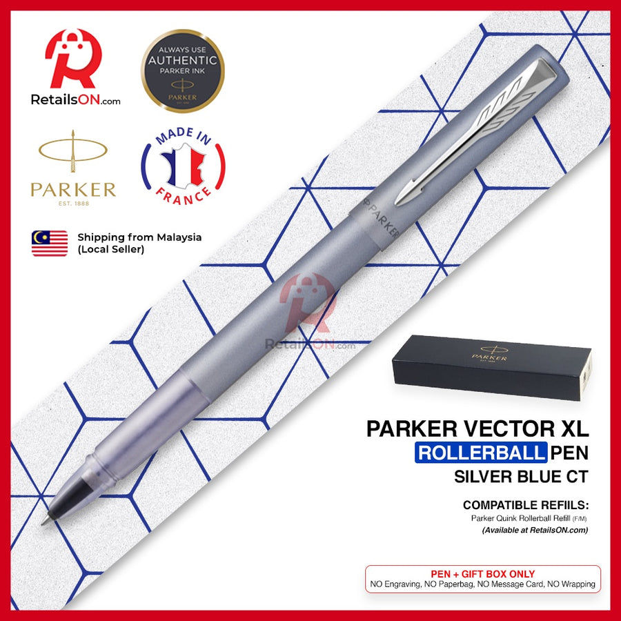 Parker Vector XL Rollerball Pen - Silver Blue Chrome Trim (with Black - Medium (M) Refill) / {ORIGINAL} / [RetailsON] - RetailsON.com (Premium Retail Collections)