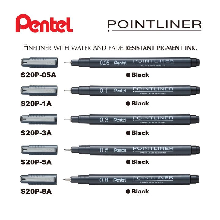 Pentel S20P Pointliner Pen (Fineliner Fibre Tip) - Black Ink [5 Pcs SET]  (ORIGINAL) | [RetailsON] - RetailsON.com (Premium Retail Collections)