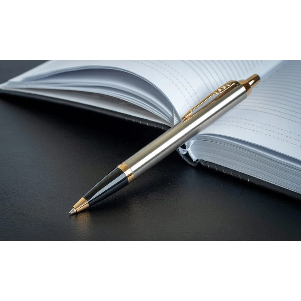 Parker IM Ballpoint Pen - Brushed Stainless Steel Gold Trim (with Black - Medium (M) Refill) / {ORIGINAL} / [RetailsON] - RetailsON.com (Premium Retail Collections)