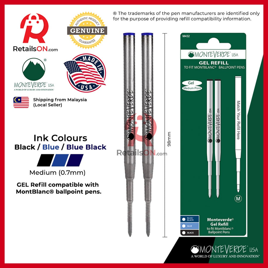 Monteverde Capless Gel Refill M432 - Medium - To Fit Montblanc® Ballpoint Pens  [2pcs] / [RetailsON] - RetailsON.com (Premium Retail Collections)