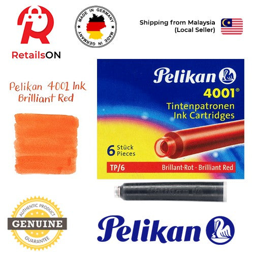 Pelikan 4001/TP6 Ink Cartridges - Brilliant Red / International Fountain Pen Ink Cartridges (ORIGINAL) [1 Pack of 6] - RetailsON.com (Premium Retail Collections)