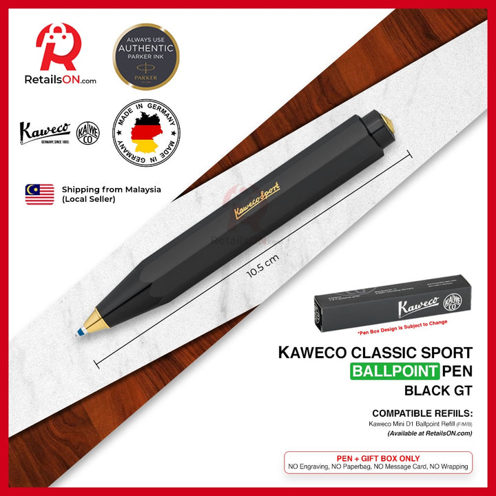 Kaweco Classic SPORT Ballpoint Pen - Black Gold Trim (with Blue - Medium (M) Refill) / {ORIGINAL} / [RetailsON] - RetailsON.com (Premium Retail Collections)