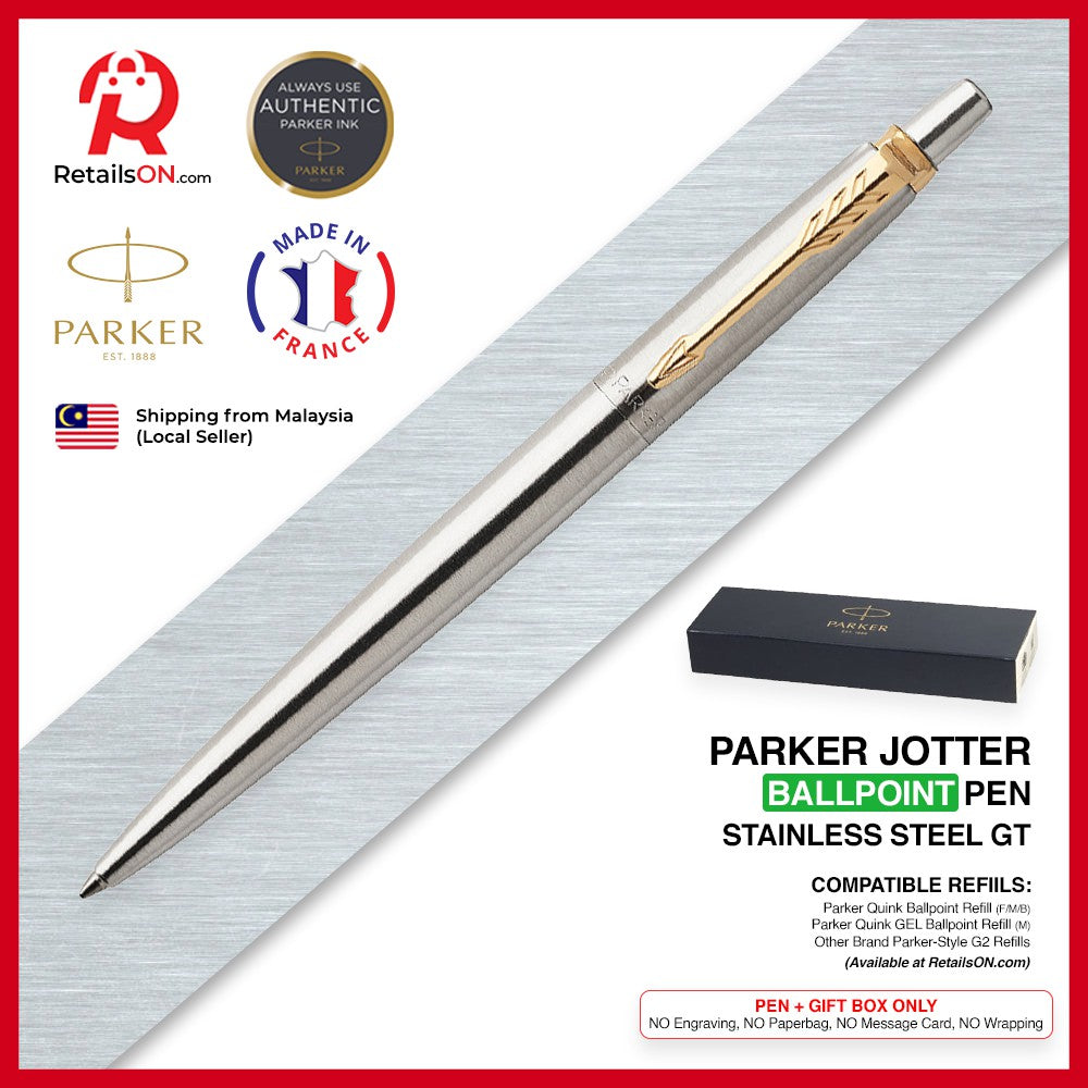 Parker Jotter Ballpoint Pen - Stainless Steel Gold Trim (with Black - Medium (M) Refill) / {ORIGINAL} / [RetailsON] - RetailsON.com (Premium Retail Collections)