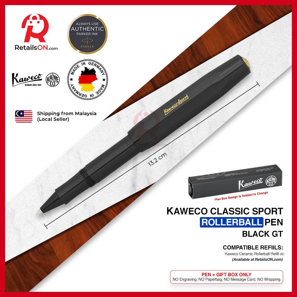 Kaweco Classic SPORT Rollerball Pen - Black Gold Trim (with Black - Medium (M) Gel Refill) / {ORIGINAL} / [RetailsON] - RetailsON.com (Premium Retail Collections)
