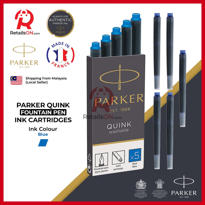 Parker Quink Fountain Pen Ink Cartridges - Blue / Fountain Pen Ink Refill [1 Pack of 5] - Blue (ORIGINAL) - RetailsON.com (Premium Retail Collections)