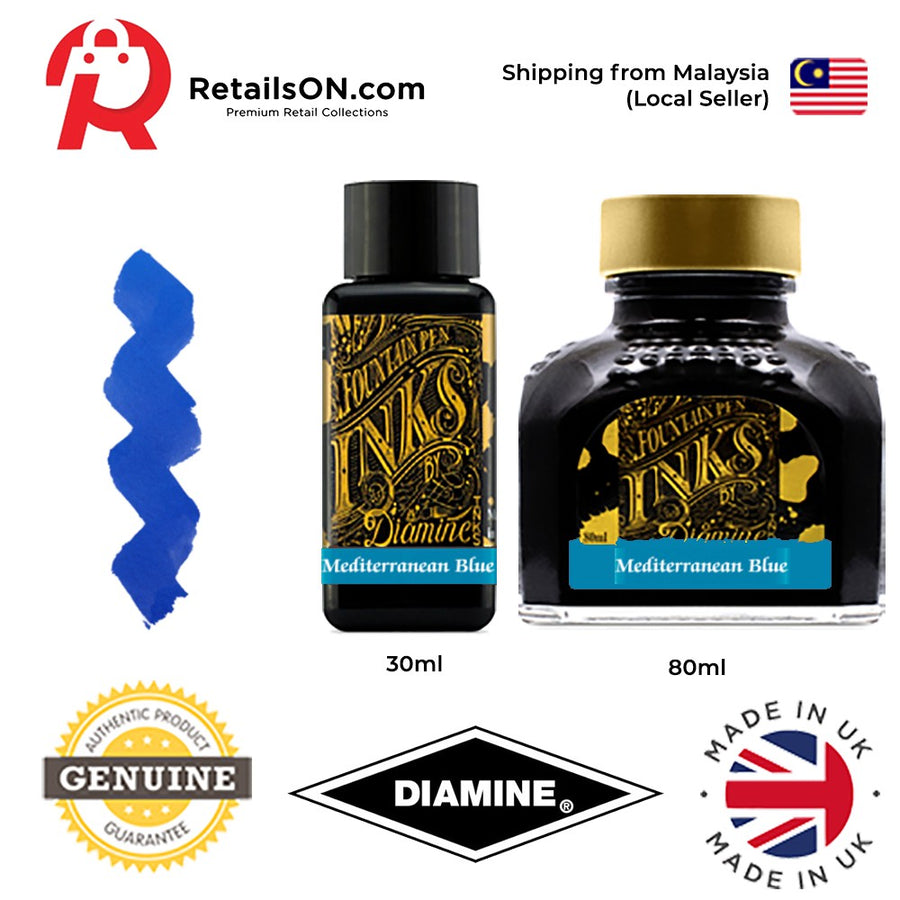 Diamine Ink Bottle (30ml / 80ml) - Mediterranean Blue / Fountain Pen Ink Bottle 1pc (ORIGINAL) / [RetailsON] - RetailsON.com (Premium Retail Collections)