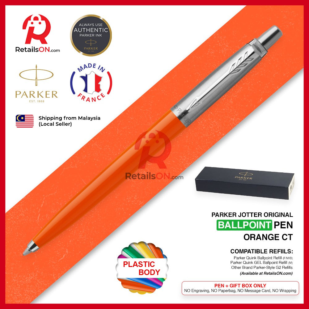 Parker Jotter Original Ballpoint Pen - Orange Chrome Trim (with Black - Medium (M) Refill) / {ORIGINAL} / [RetailsON] - RetailsON.com (Premium Retail Collections)