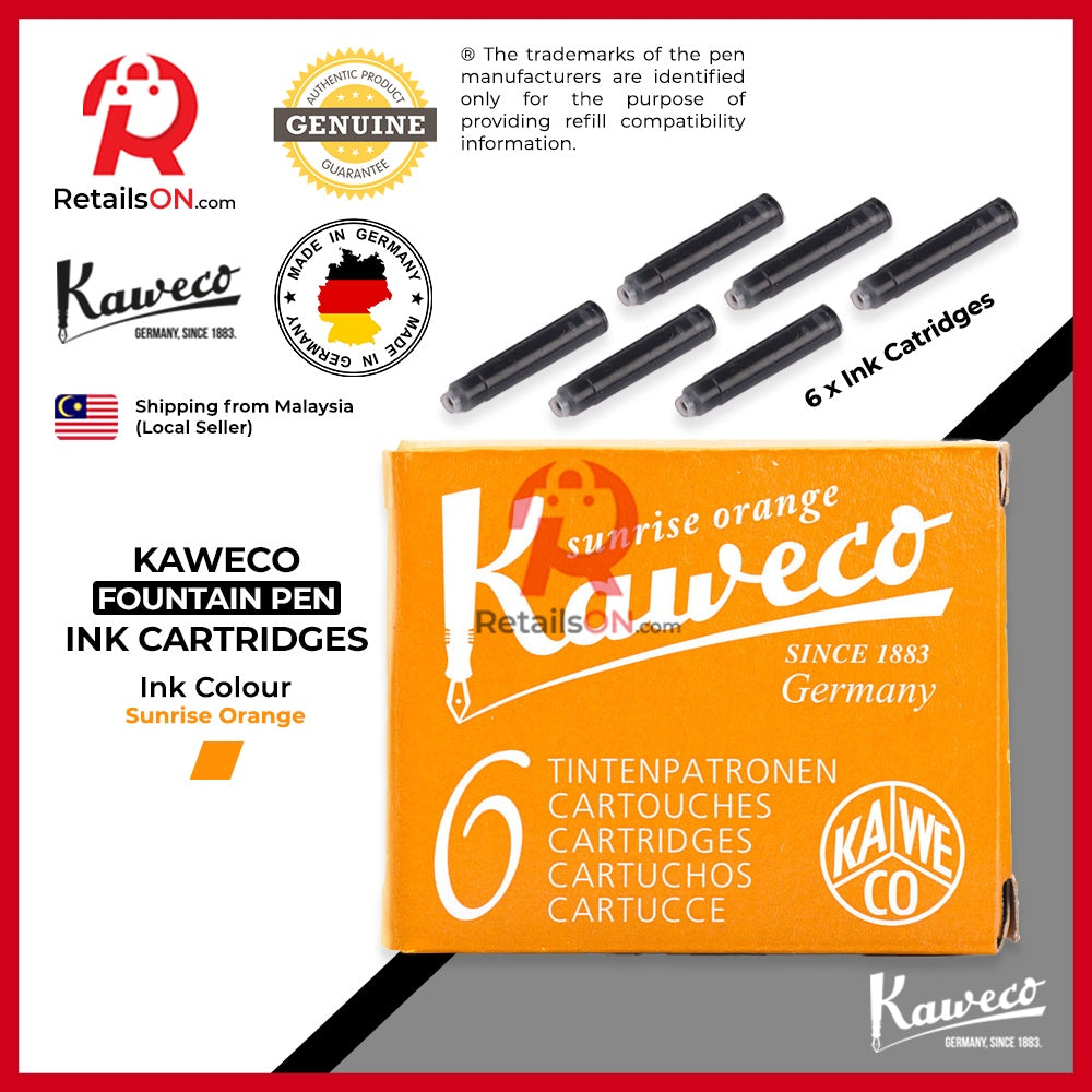 Kaweco Ink Cartridge (6 per pack) - Sunrise Orange / Standard Fountain Pen Ink Cartridge (ORIGINAL) - RetailsON.com (Premium Retail Collections)