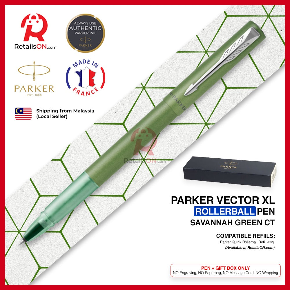 Parker Vector XL Rollerball Pen - Savannah Green Chrome Trim (with Black - Medium (M) Refill) / {ORIGINAL} / [RetailsON] - RetailsON.com (Premium Retail Collections)