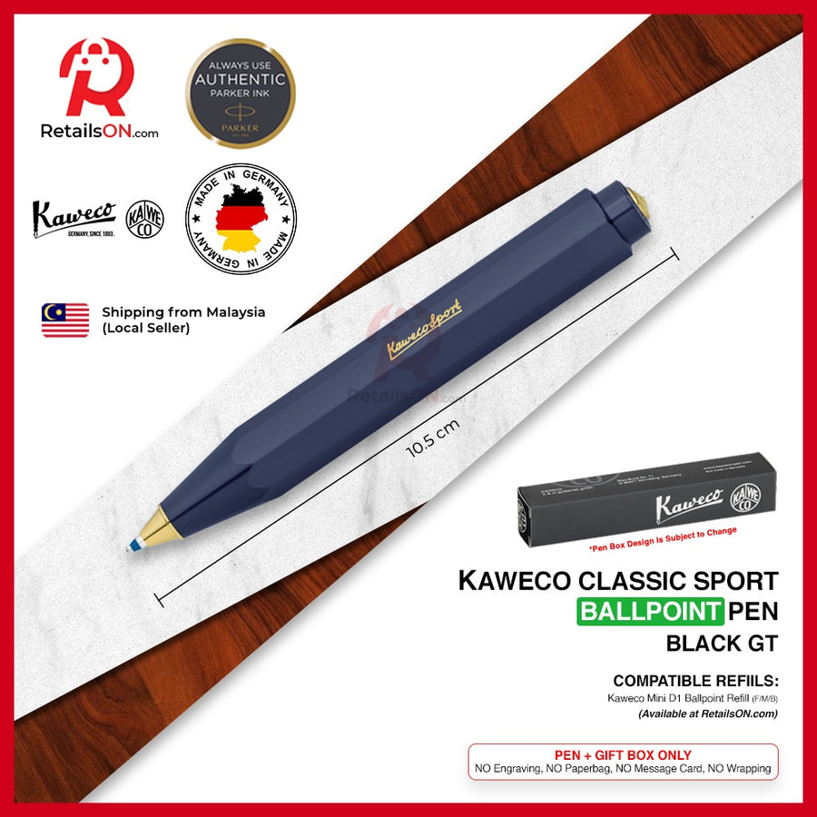 Kaweco Classic SPORT Ballpoint Pen - Navy Blue Gold Trim (with Blue - Medium (M) Refill) / {ORIGINAL} / [RetailsON] - RetailsON.com (Premium Retail Collections)