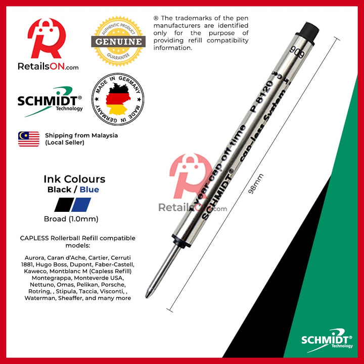Schmidt Refill CAPLESS Rollerball P8120 - Broad (B) - Black/Blue | For Montblanc® M & MANY MORE | [1pc] - RetailsON.com (Premium Retail Collections)