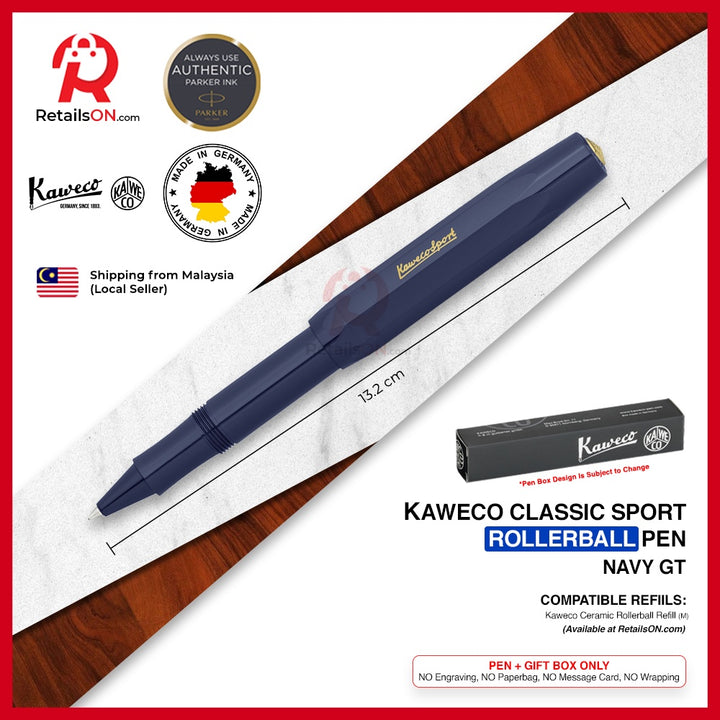 Kaweco Classic SPORT Rollerball Pen - Navy Blue Gold Trim (with Black - Medium (M) Refill) / {ORIGINAL} / [RetailsON] - RetailsON.com (Premium Retail Collections)