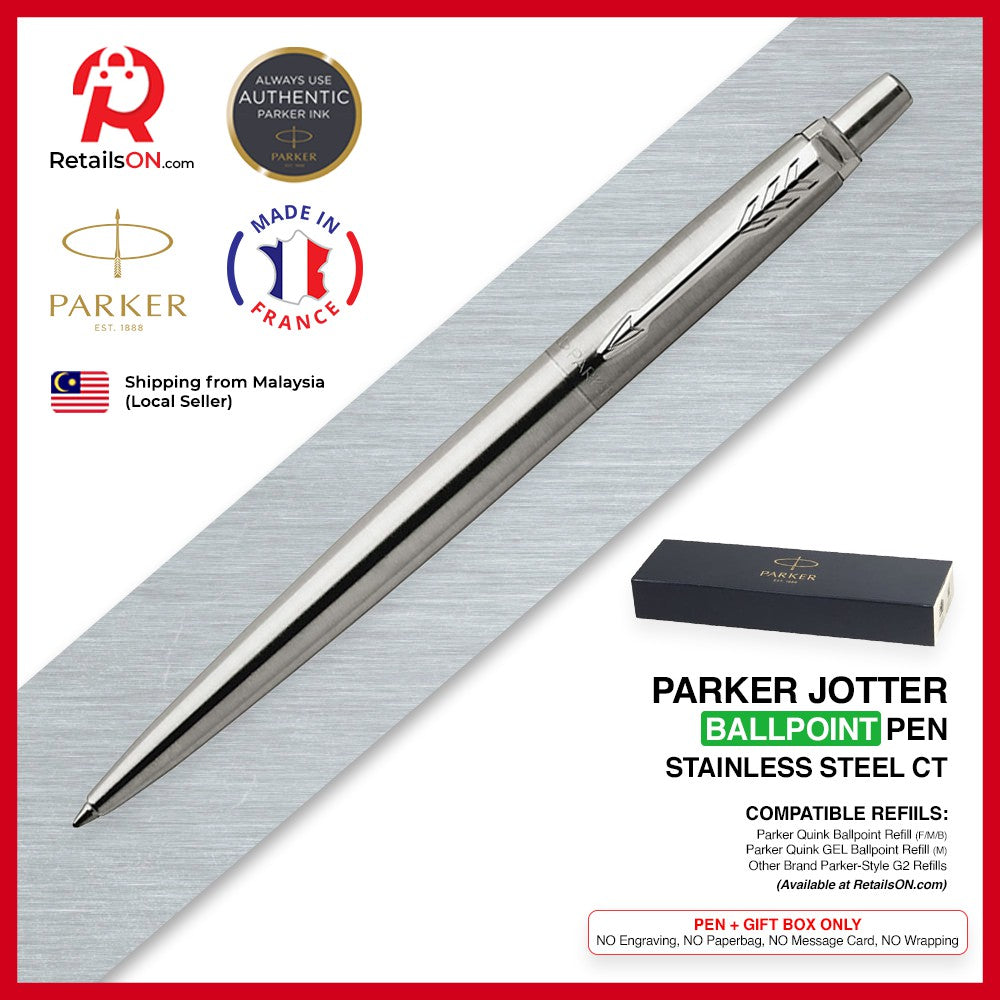 Parker Jotter Ballpoint Pen - Stainless Steel Chrome Trim (with Black - Medium (M) Refill) / {ORIGINAL} / [RetailsON] - RetailsON.com (Premium Retail Collections)