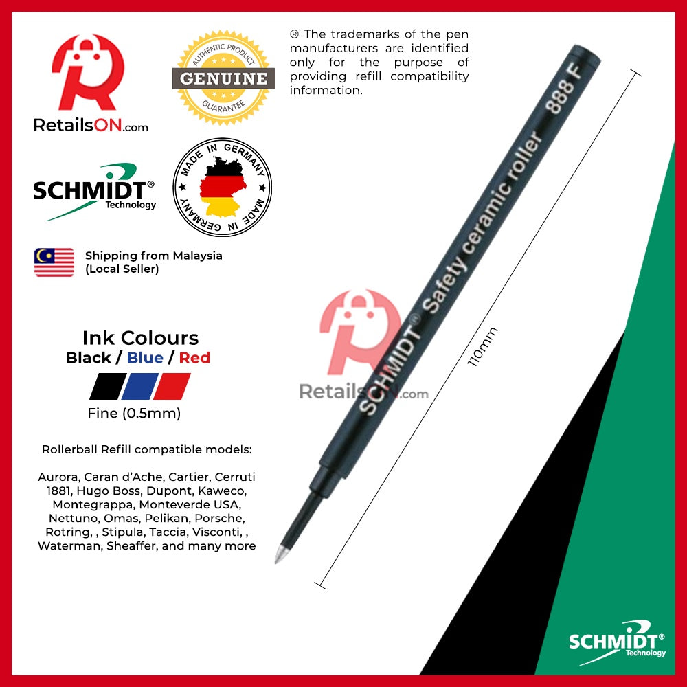 Schmidt Refill 888(M/F) Ceramic for Rollerball Pens | Compatible with Hugo Boss®, Cerruti®, Sheaffer®, Waterman® - RetailsON.com (Premium Retail Collections)