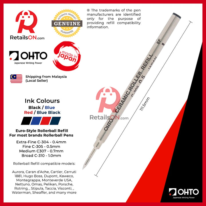 OHTO Refill C-300 Ceramic Rollerball Pen Refill | Standard Euro Style Rollerball Pen Refill [1pc] - RetailsON.com (Premium Retail Collections)