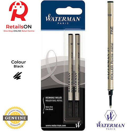 Waterman Refill Rollerball Black - Fine (F) / Roller Ball Pen Refill [Pack of 2] - Black (ORIGINAL) - RetailsON.com (Premium Retail Collections)