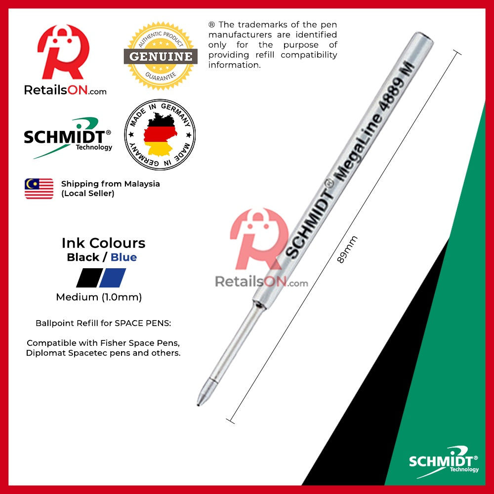 Schmidt Refill 4889M Megaline for SPACE Pens - Medium (M) - Black/Blue | Pressurised SPACE Ballpoint Pen Refill - RetailsON.com (Premium Retail Collections)
