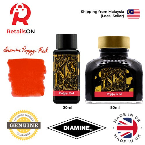 Diamine Ink Bottle (30ml / 80ml) - Poppy Red / Fountain Pen Ink Bottle 1pc (ORIGINAL) / [RetailsON] - RetailsON.com (Premium Retail Collections)