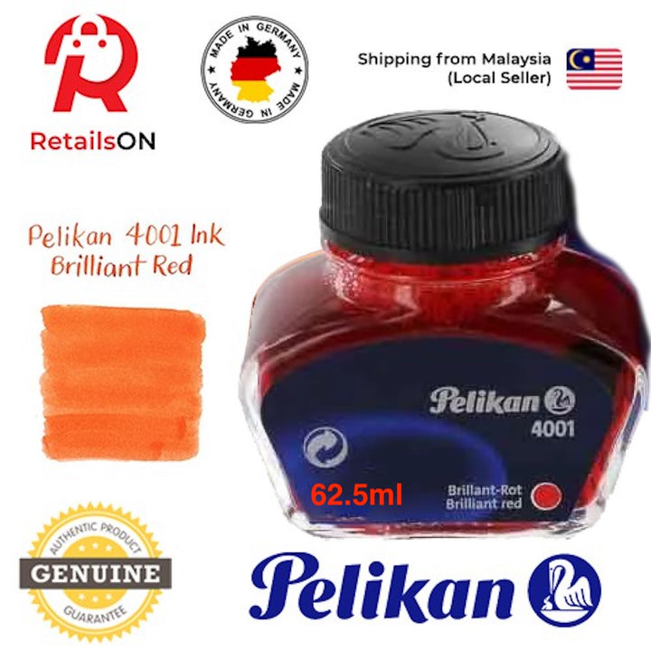 Pelikan 4001 62.5ml Ink Bottle - Brilliant Red / Fountain Pen Ink Bottle 1pc (ORIGINAL) - RetailsON.com (Premium Retail Collections)