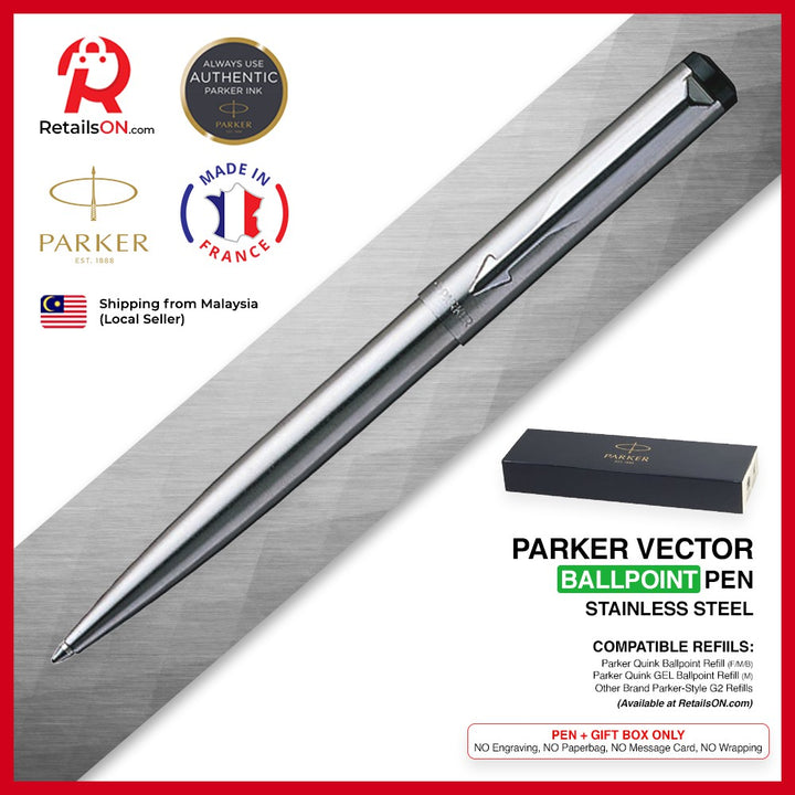Parker Vector Ballpoint Pen - Stainless Steel (with Blue - Medium (M) Refill) / {ORIGINAL} / [RetailsON] - RetailsON.com (Premium Retail Collections)