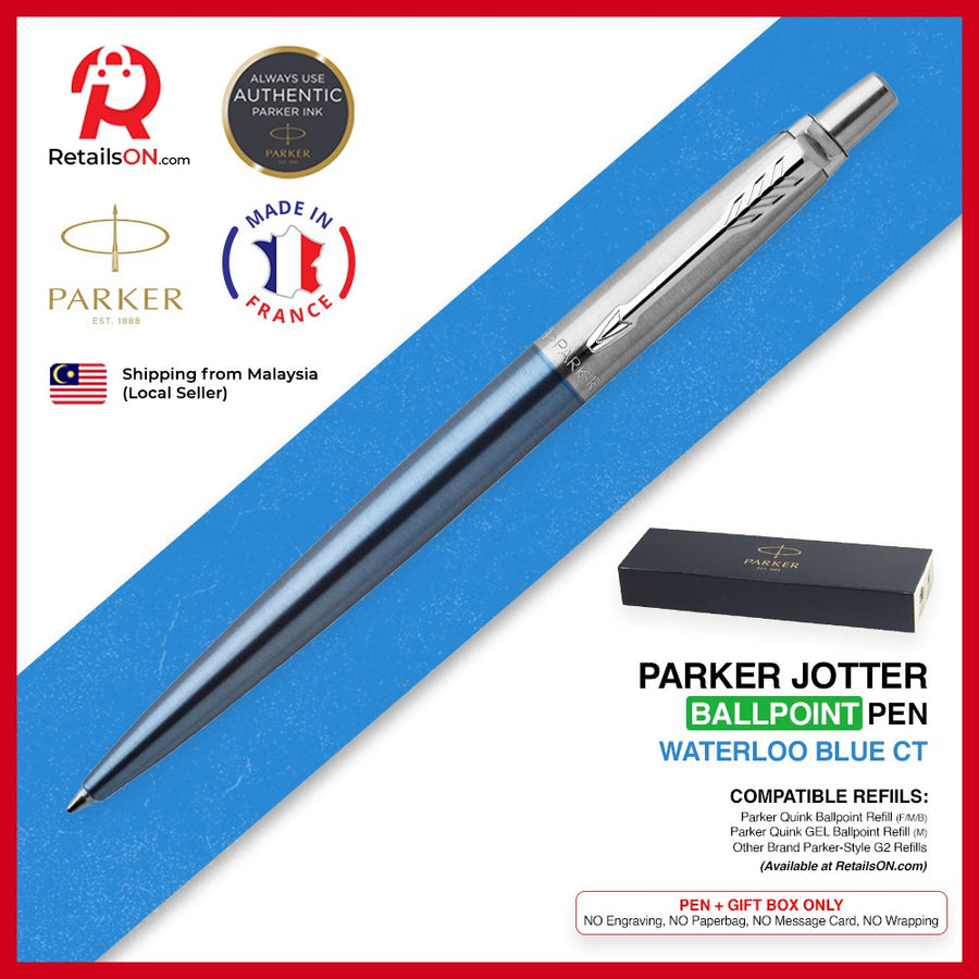 Parker Jotter Ballpoint Pen - Waterloo Blue Chrome Trim (with Black - Medium (M) Refill) / {ORIGINAL} / [RetailsON] - RetailsON.com (Premium Retail Collections)