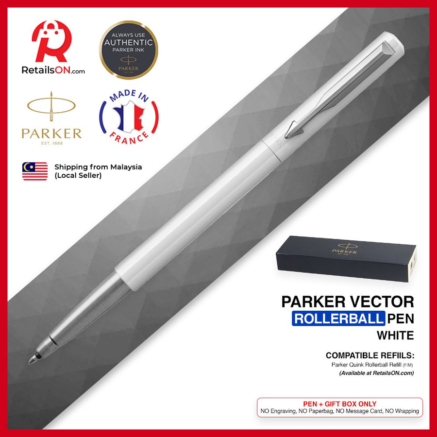 Parker Vector Rollerball Pen - White Chrome Trim (with Black - Medium (M) Refill) / {ORIGINAL} / [RetailsON] - RetailsON.com (Premium Retail Collections)