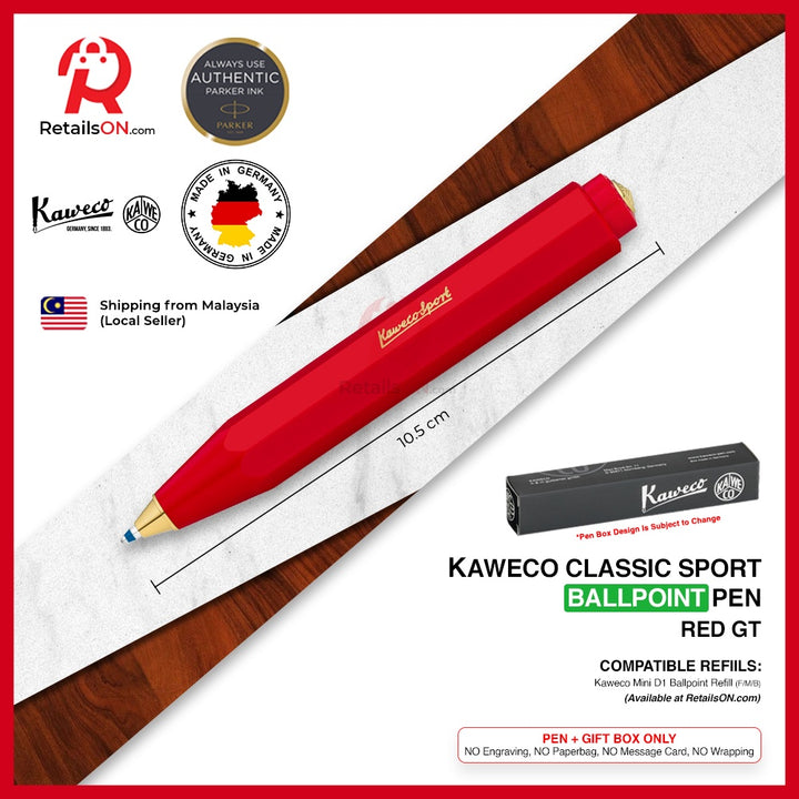 Kaweco Classic SPORT Ballpoint Pen - Red Gold Trim (with Blue - Medium (M) Refill) / {ORIGINAL} / [RetailsON] - RetailsON.com (Premium Retail Collections)