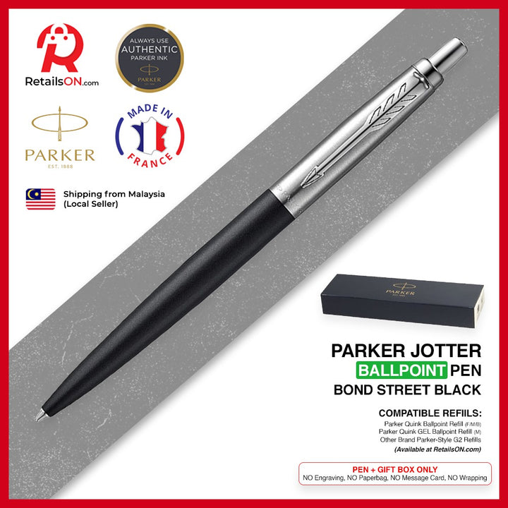 Parker Jotter Ballpoint Pen - Bond Street Black Chrome Trim (with Black - Medium (M) Refill) / {ORIGINAL} / [RetailsON] - RetailsON.com (Premium Retail Collections)