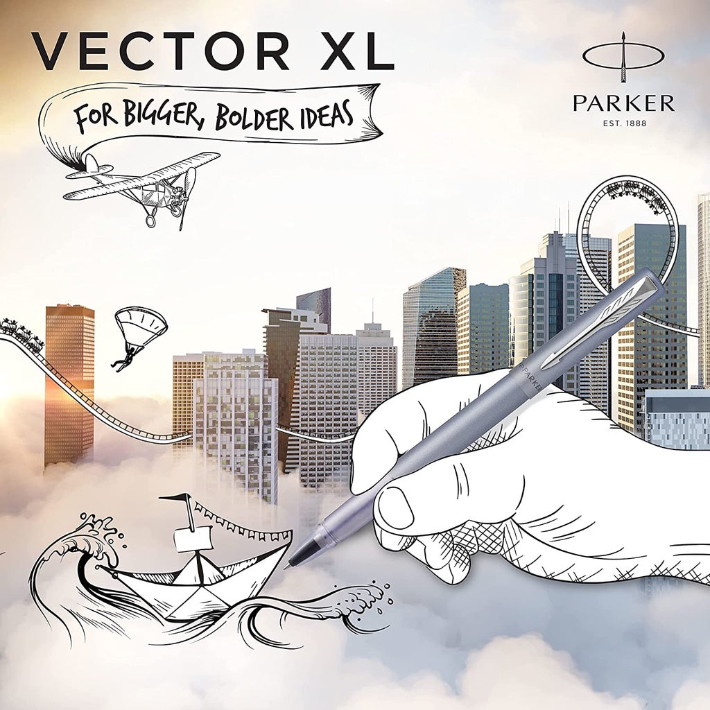 Parker Vector XL Rollerball Pen - Silver Blue Chrome Trim (with Black - Medium (M) Refill) / {ORIGINAL} / [RetailsON] - RetailsON.com (Premium Retail Collections)