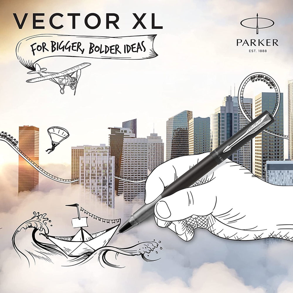Parker Vector XL Rollerball Pen - Black Chrome Trim (with Black - Medium (M) Refill) / {ORIGINAL} / [RetailsON] - RetailsON.com (Premium Retail Collections)