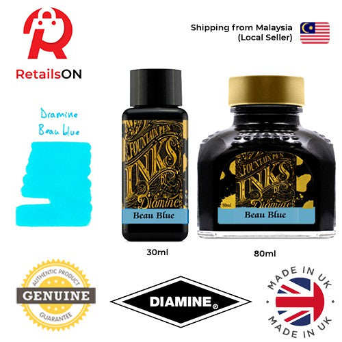 Diamine Ink Bottle (30ml / 80ml) - Beau Blue / Fountain Pen Ink Bottle 1pc (ORIGINAL) / [RetailsON] - RetailsON.com (Premium Retail Collections)