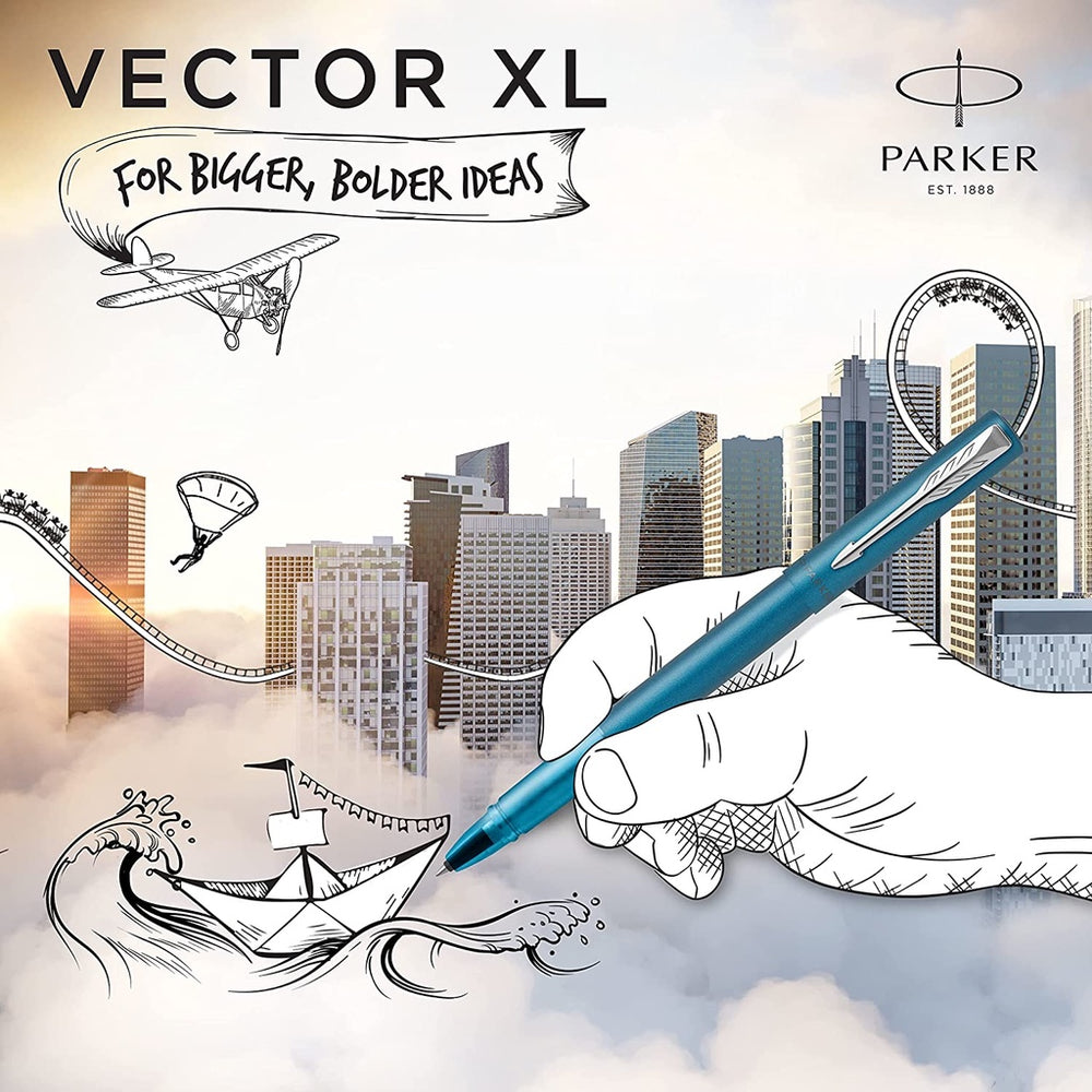 Parker Vector XL Rollerball Pen - Teal Blue Chrome Trim (with Black - Medium (M) Refill) / {ORIGINAL} / [RetailsON] - RetailsON.com (Premium Retail Collections)