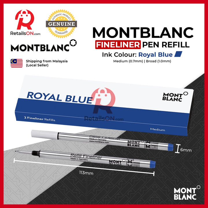 Montblanc Fineliner Refill (2 Per Pack) Royal Blue - Medium/Broad (M/B) (ORIGINAL) / Fineliner Refill for Rollerball Pen - RetailsON.com (Premium Retail Collections)