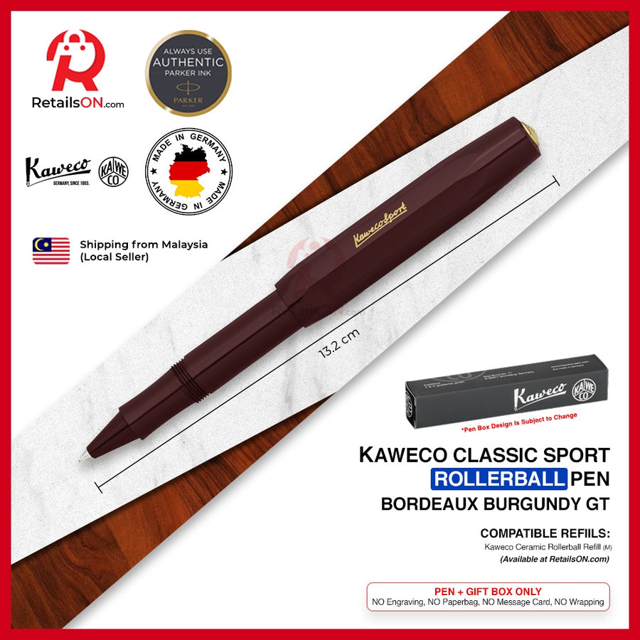 Kaweco Classic SPORT Rollerball Pen - Burgundy Gold Trim (with Black - Medium (M) Gel Refill) / {ORIGINAL} / [RetailsON] - RetailsON.com (Premium Retail Collections)